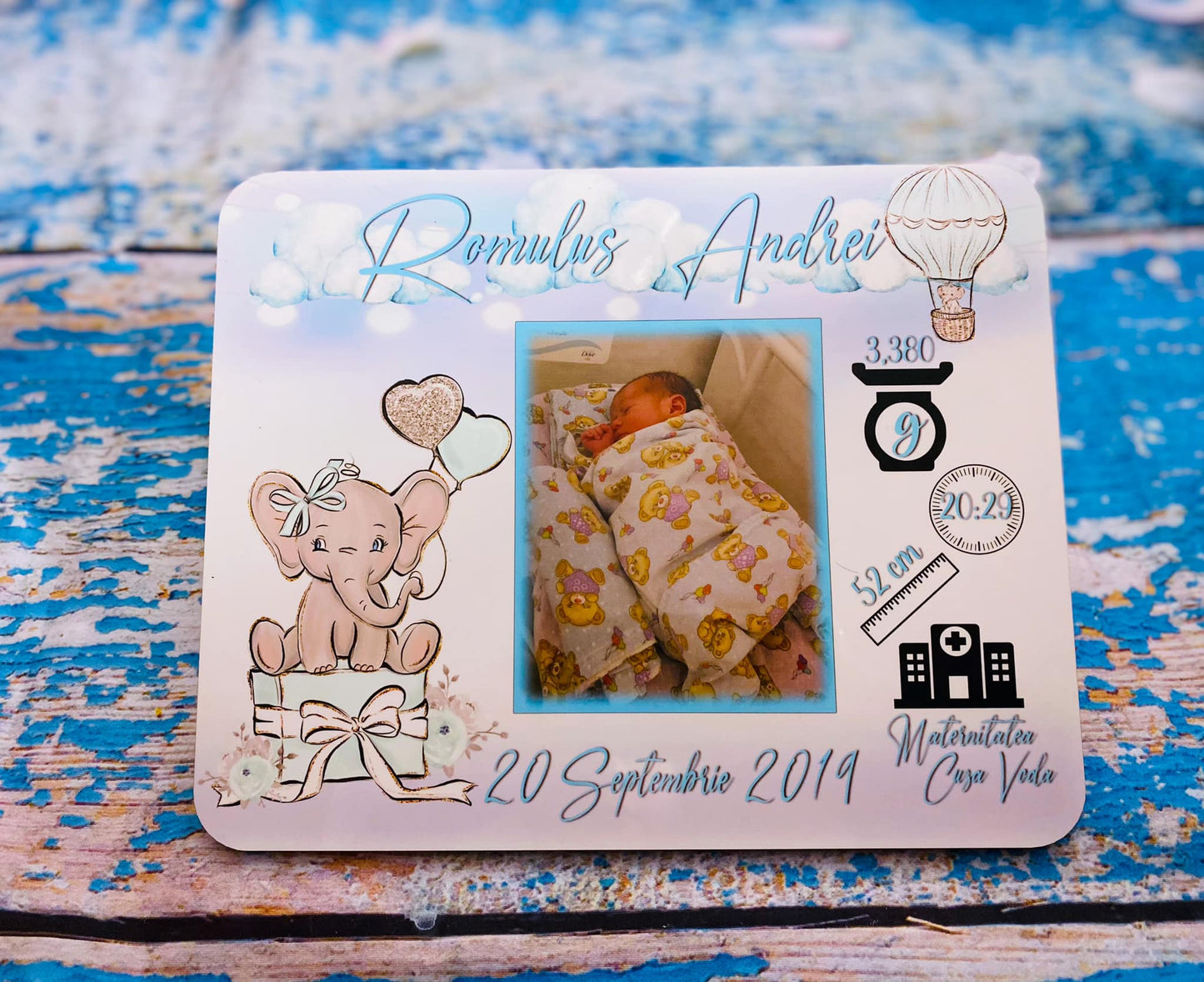 Ramă Elefant cadou cu poză și datele de la naștere