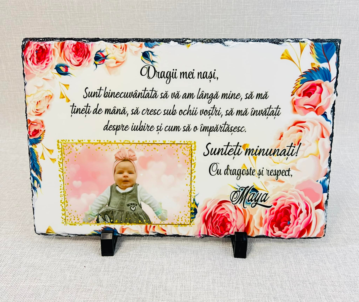 Placă din ardezie cu o poză și mesaj - Flori