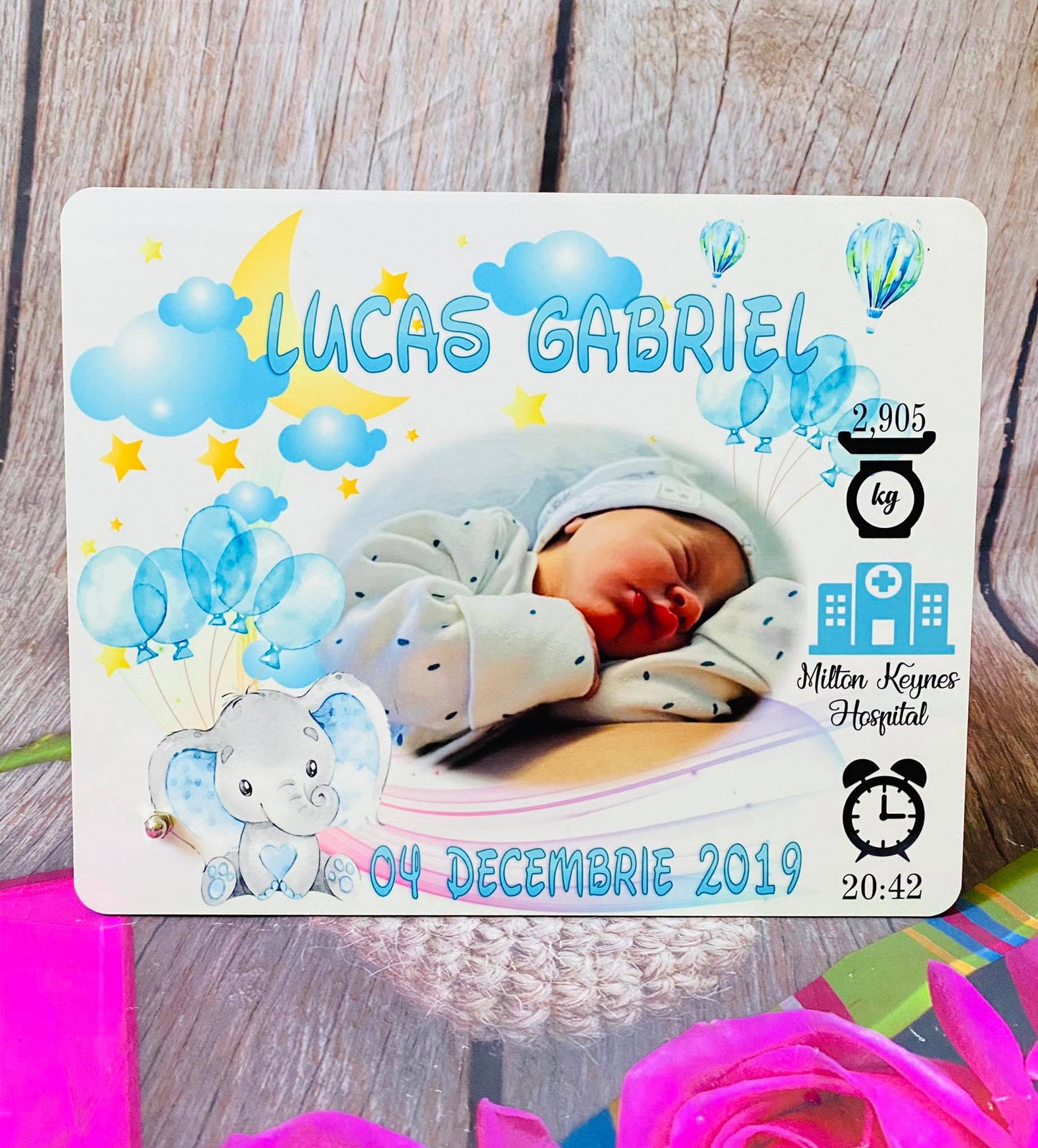 Ramă Elefant fetiță cu poză și datele de la naștere