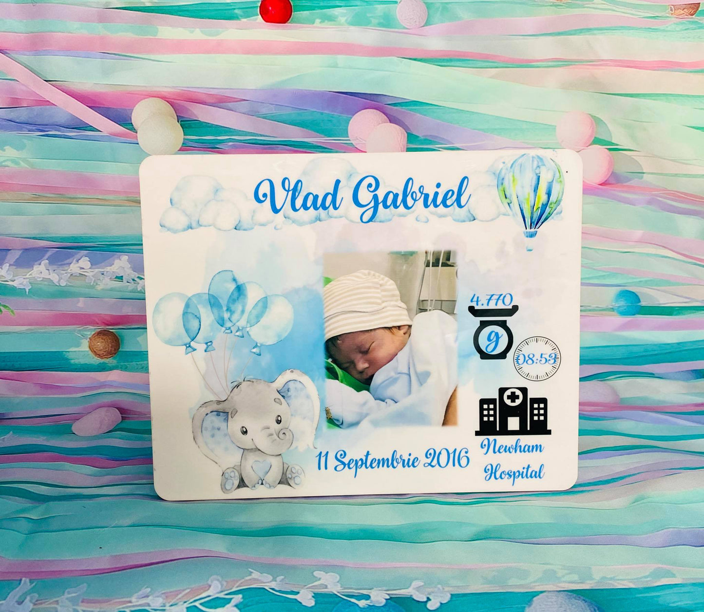 Ramă Elefant băiat cu poză și datele de la naștere