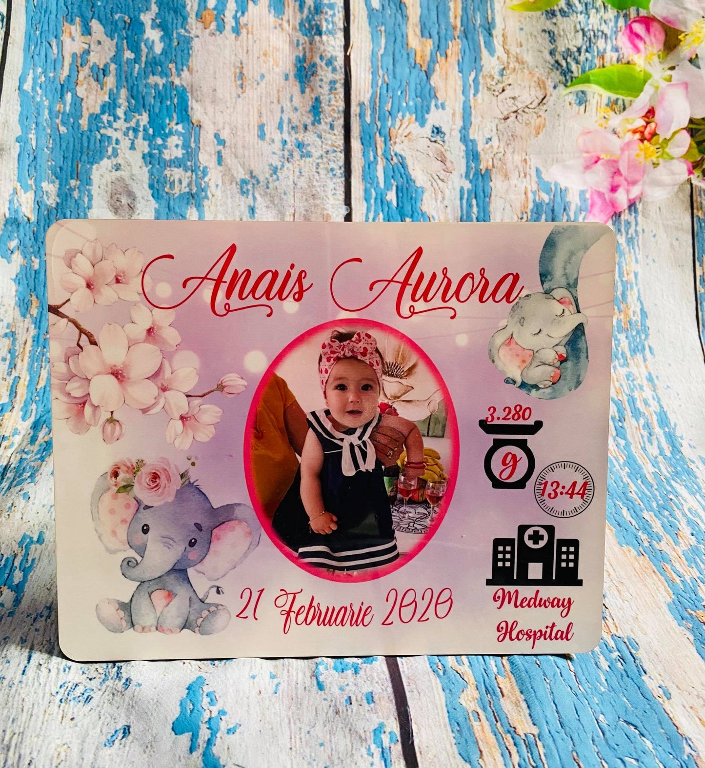 Ramă Elefant fetiță flori cu poză și datele de la naștere
