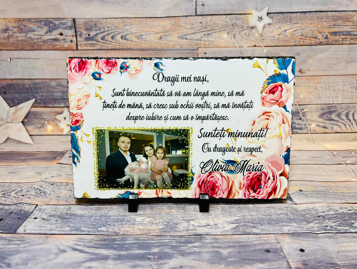 Placă din ardezie cu o poză și mesaj - Flori