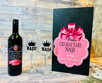 Set cadou nași de botez "Cutie cu Placă de Ardezie, vin și pahare