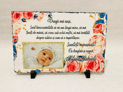 Set cadou nași de botez "Cutie cu Placă de Ardezie, vin și pahare