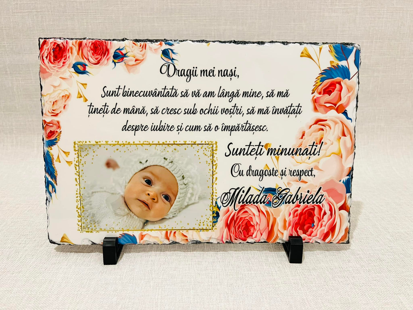 Placă din ardezie cu o poză și mesaj - Flori