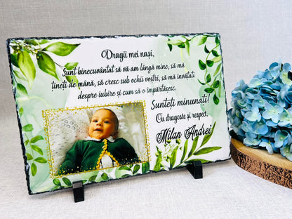 Set cadou nași de botez "Cutie cu Placă de Ardezie, vin și pahare