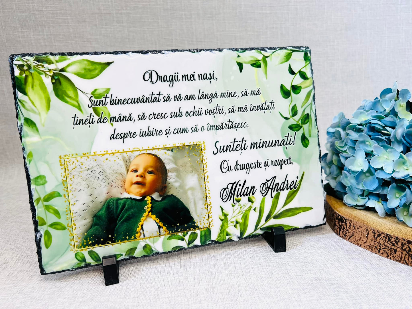 Placă din ardezie cu o poză și mesaj - Verde