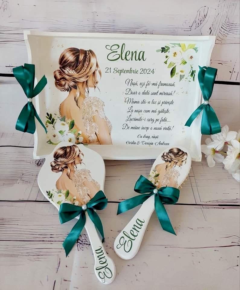 Set de gătit mireasa Elena - Tavă, oglindă și perie