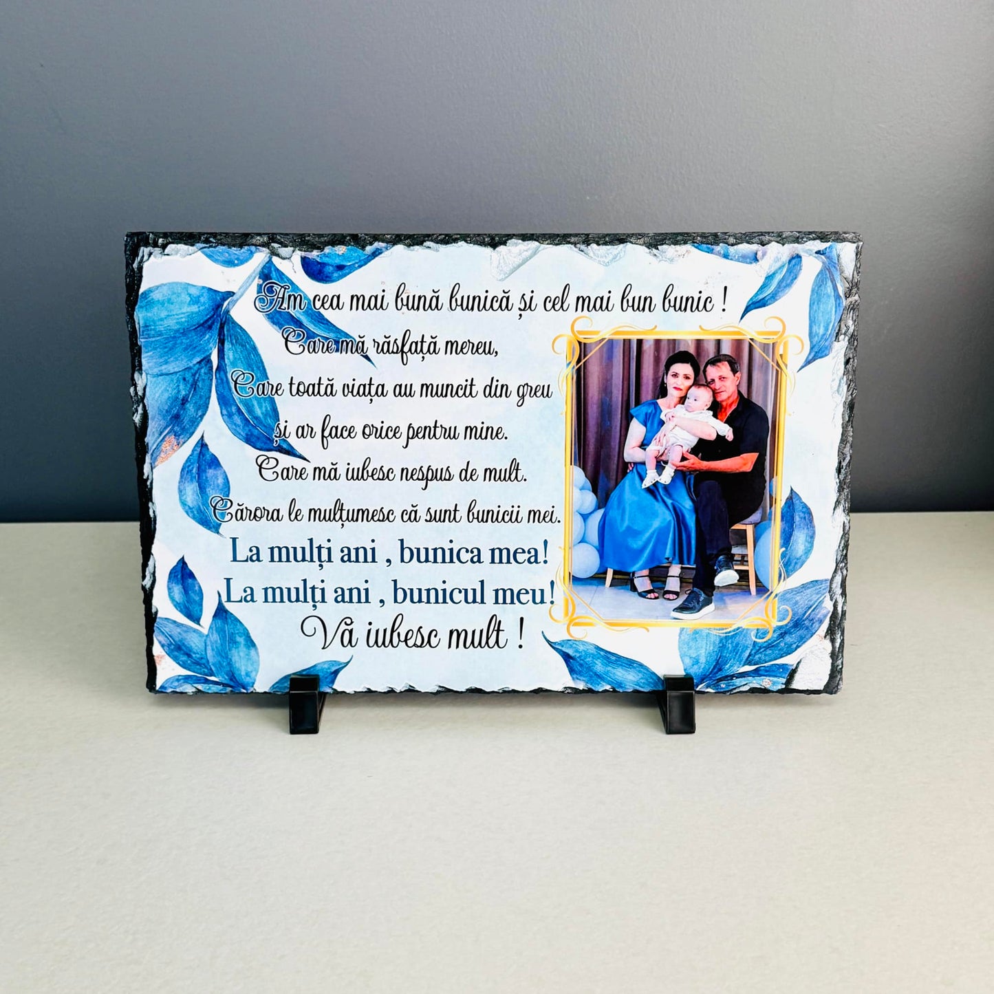 Placă din ardezie cu o poză și mesaj - Blue