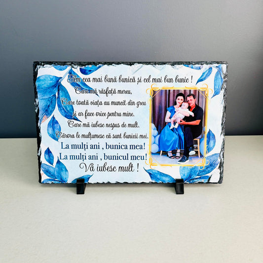 Placă din ardezie cu o poză și mesaj - Blue