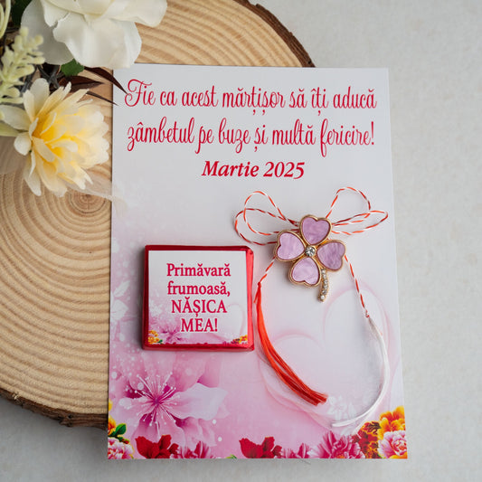 Set Mărțișor – Broșă Trifoi Roz și mini cicolată cu mesaj
