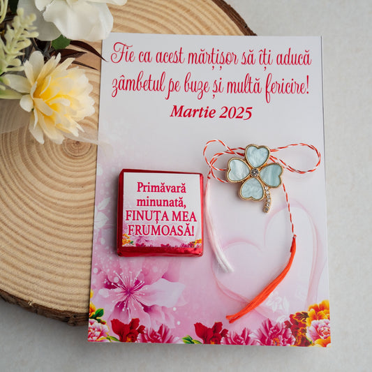Set Mărțișor – Broșă Trifoi Bleu și mini cicolată cu mesaj