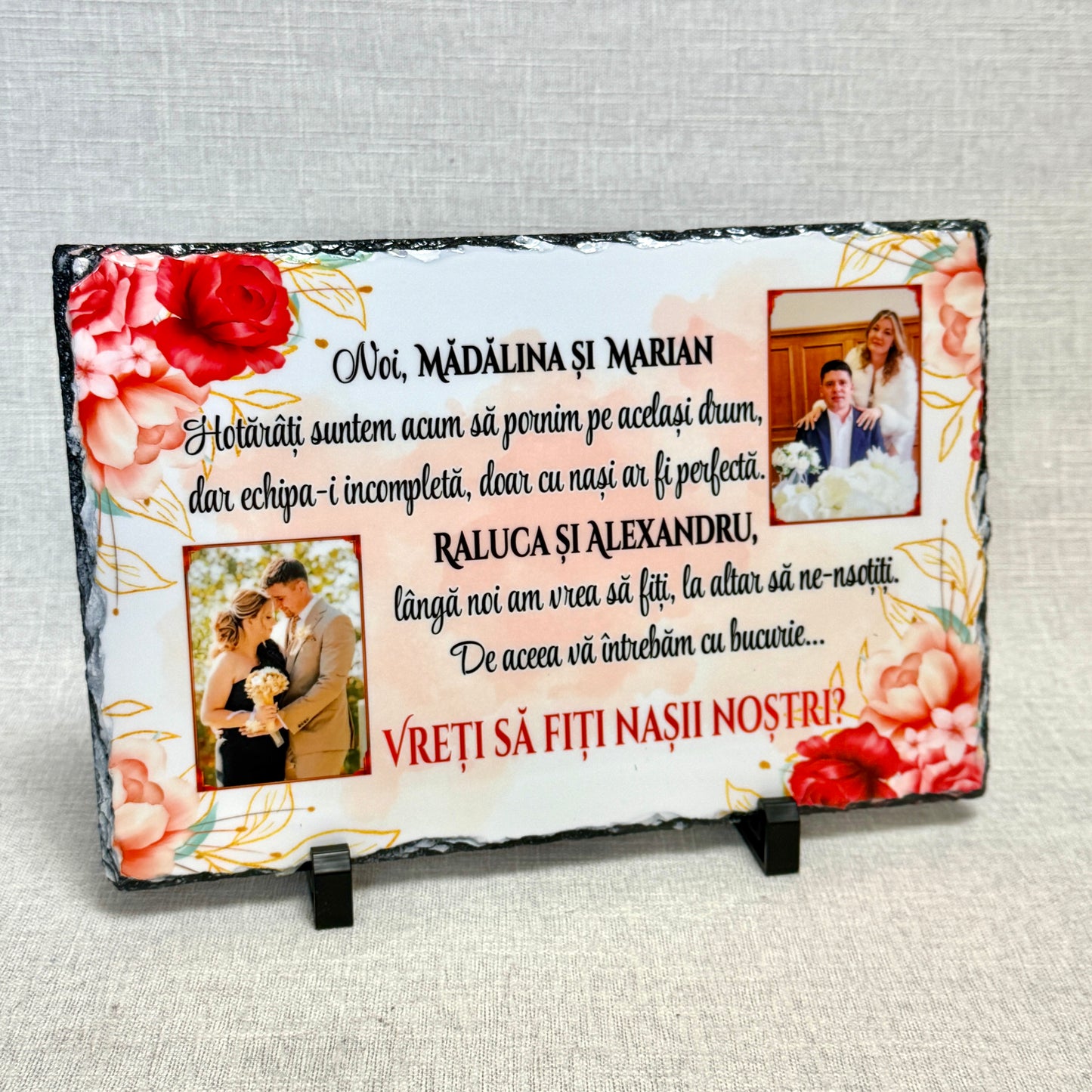 Placă din ardezie cu 2 poze "Vreți să fiți nașii noștri?"