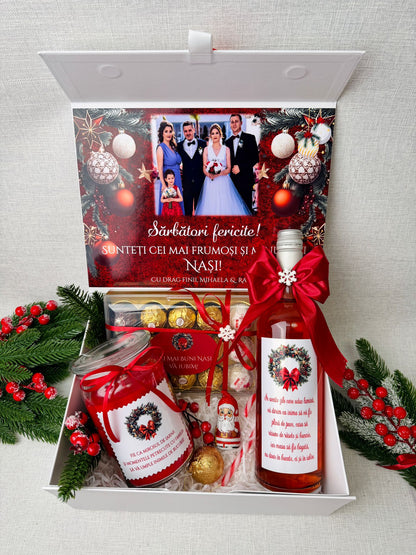 Cutie Cadou Crăciun – Sticlă vin, lumânare și Ferrero Rocher