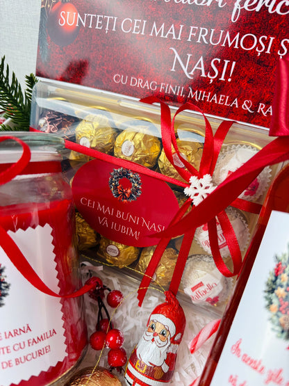 Cutie Cadou Crăciun – Sticlă vin, lumânare și Ferrero Rocher