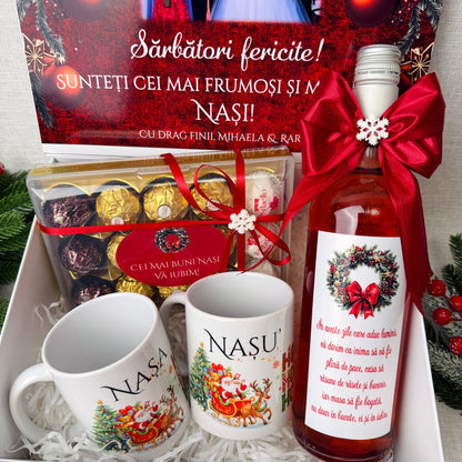 Cutie Cadou Crăciun – Sticlă vin, 2 căni și Ferrero Rocher