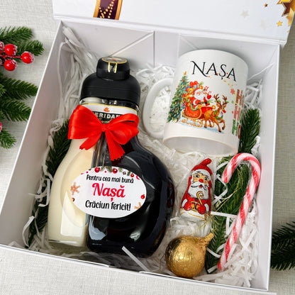 Cutie Cadou Crăciun – Sticlă Sheridans, cană și ciocolate
