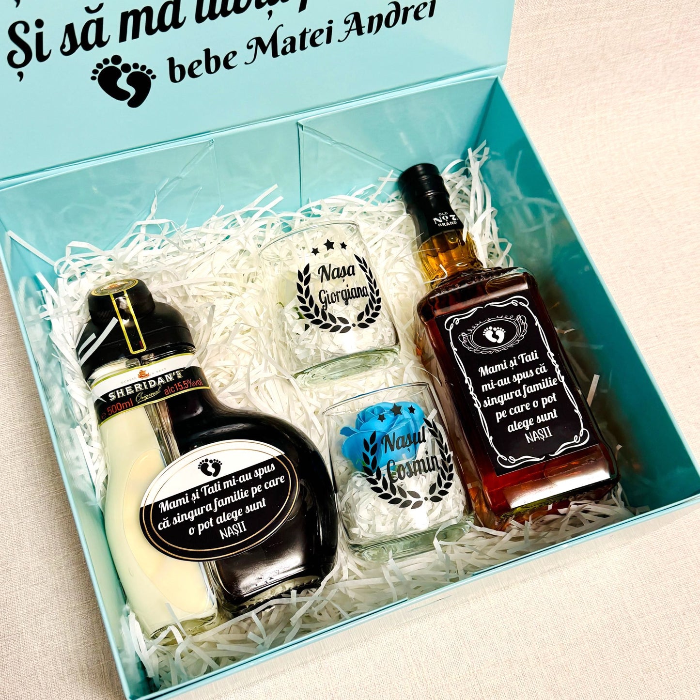 Set bleu Jack Daniels și Sheidans "Vreți să fiți nănuții mei"