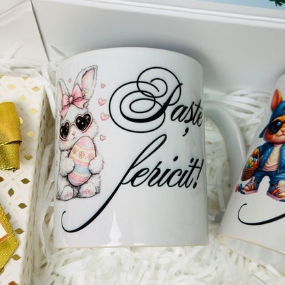 Cutie pentru nași cu ramă foto, vin, 2 căni, și ciocolată - tematica Paște