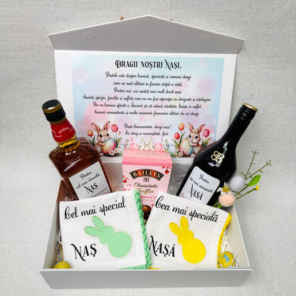 Cutie pentru nași cu Jack Daniels, Baileys, 2prosoape și ciocolată - tematica Paște