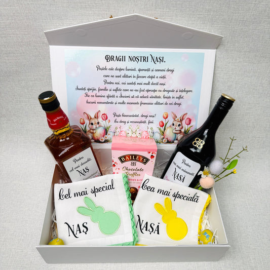 Cutie pentru nași cu Jack Daniels, Baileys, 2prosoape și ciocolată - tematica Paște