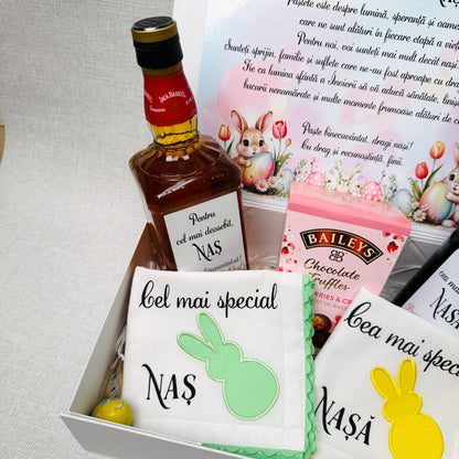 Cutie pentru nași cu Jack Daniels, Baileys, 2prosoape și ciocolată - tematica Paște