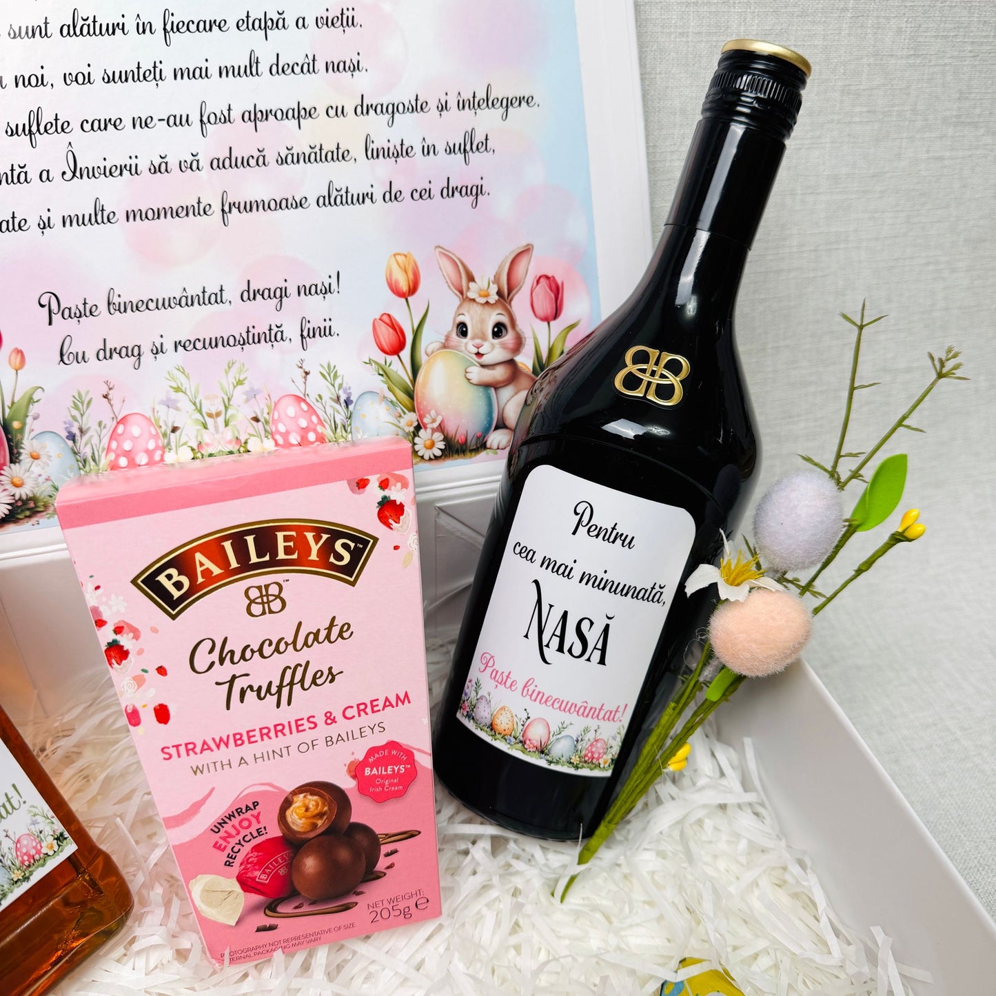 Cutie pentru nași cu Jack Daniels, Baileys, 2prosoape și ciocolată - tematica Paște