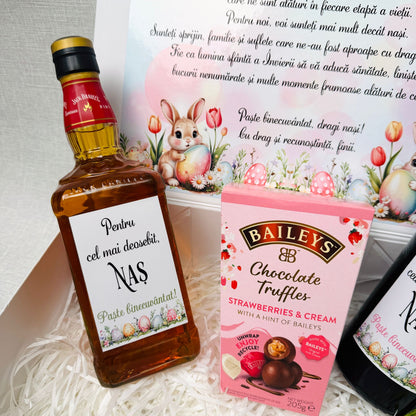Cutie pentru nași cu Jack Daniels, Baileys, 2prosoape și ciocolată - tematica Paște