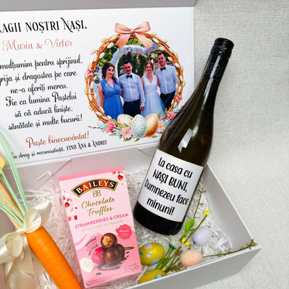 Cutie pentru nași cu vin, set spatulă+tel și bomboane - tematica Paște