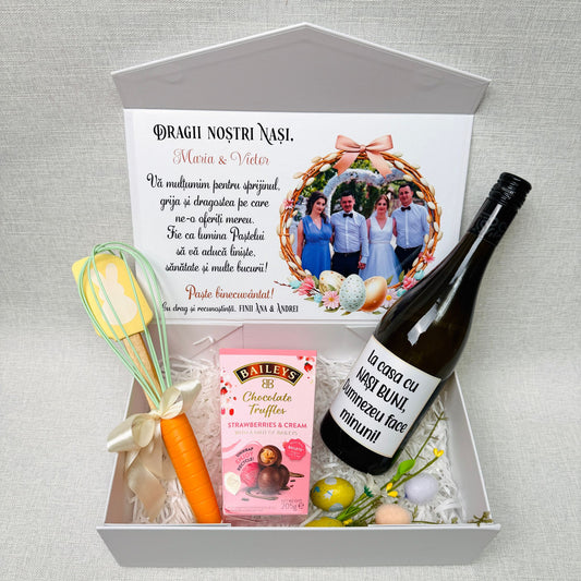 Cutie pentru nași cu vin, set spatulă+tel și bomboane - tematica Paște