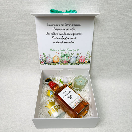Cutie pentru nașu' cu Jack Daniels, lumânare și pahar - tematica Paște