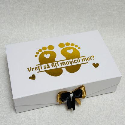 Cutie vin alb cu poza "Vreți să fiți moșicii mei"