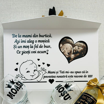 Cutie vin alb cu poza "Vreți să fiți moșicii mei"