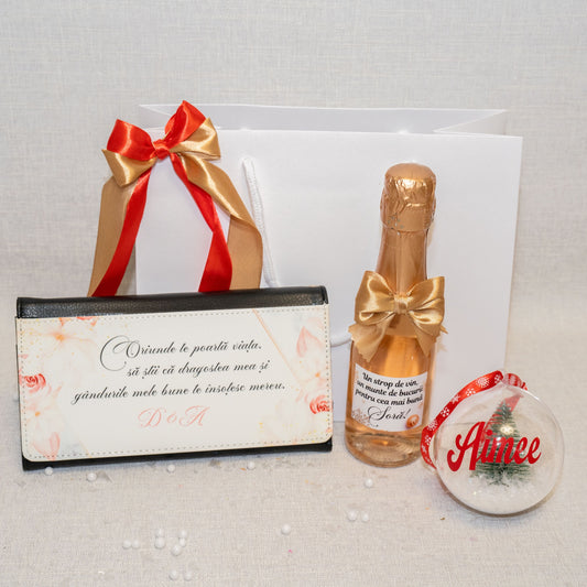 Set Cadou – Portofel, Șampanie și Glob Personalizat