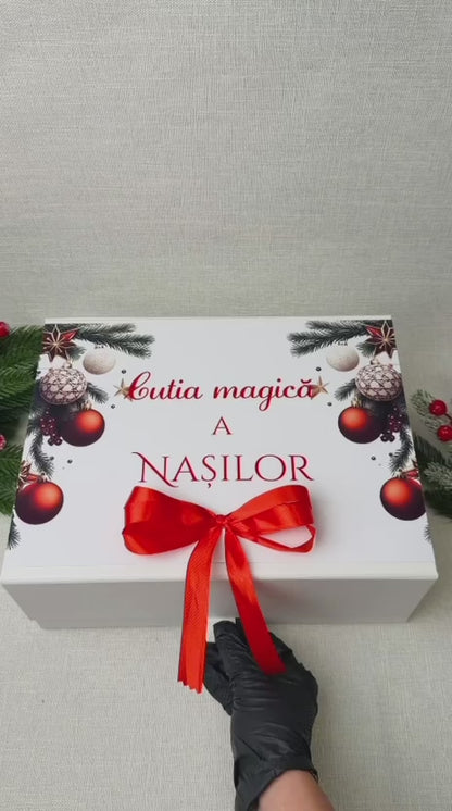 Cutie Cadou Crăciun – Sticlă vin, 2 căni și Ferrero Rocher