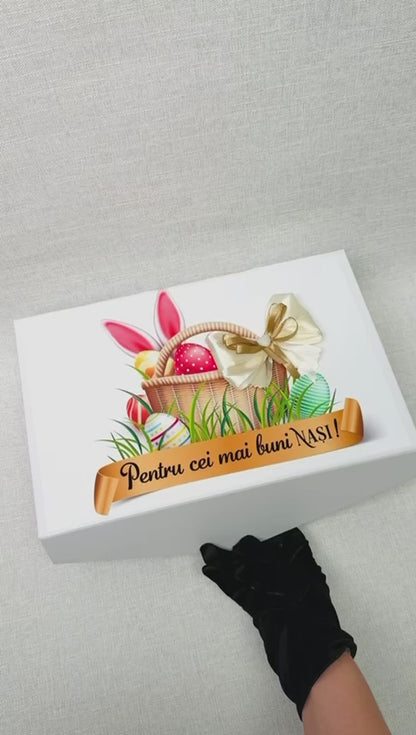 Cutie pentru nași cu vin, set spatulă+tel și bomboane - tematica Paște
