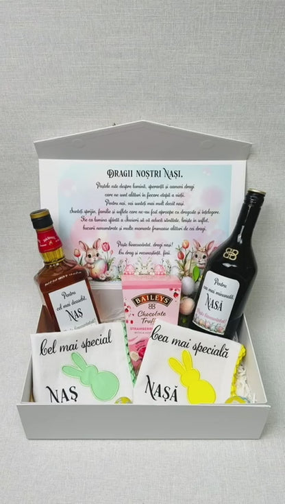 Cutie pentru nași cu Jack Daniels, Baileys, 2prosoape și ciocolată - tematica Paște